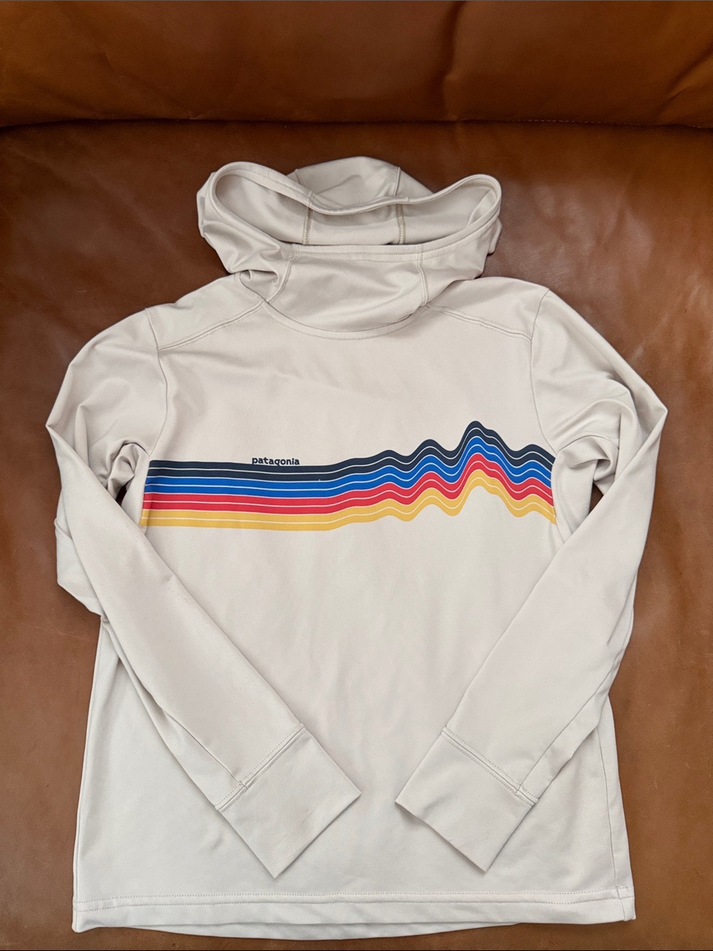 Patagonia Kid’s Cream Hooded Long-Sleeve Shirt with Retro Multicolor Stripe